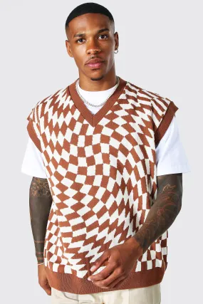 All Over Warped Checkerboard Vest | boohooMAN UK