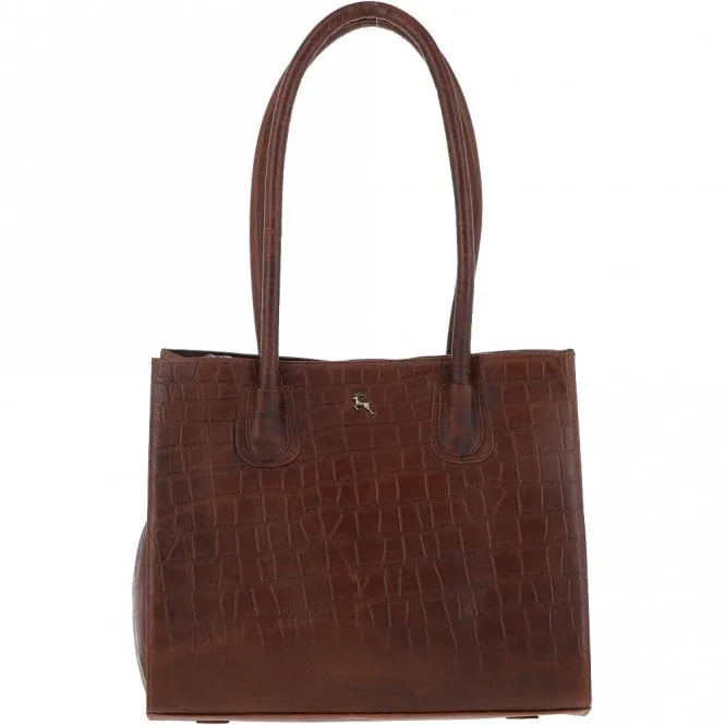 Ashwood Two Section Croc Print Leather Handbag Cognac: L-76