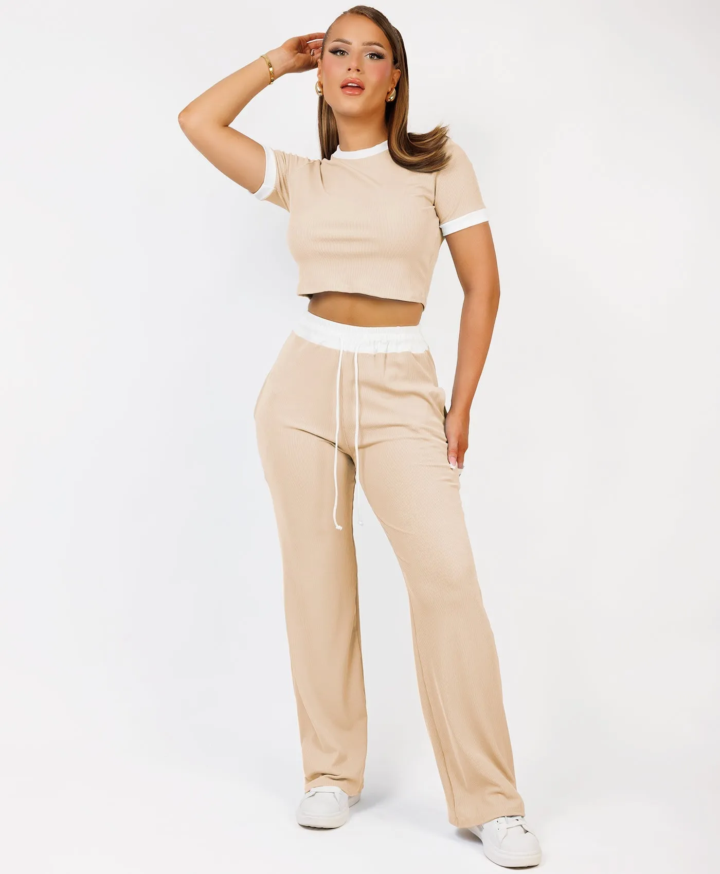 Beige Wide Leg Trousers and Ribbed Top Loungewear Set