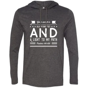 Bible Verse Men Long Sleeve T-Shirt Hoodie - Your Word Is Light To My Path ~Psalm 119:105~ Design 14 (White Font)