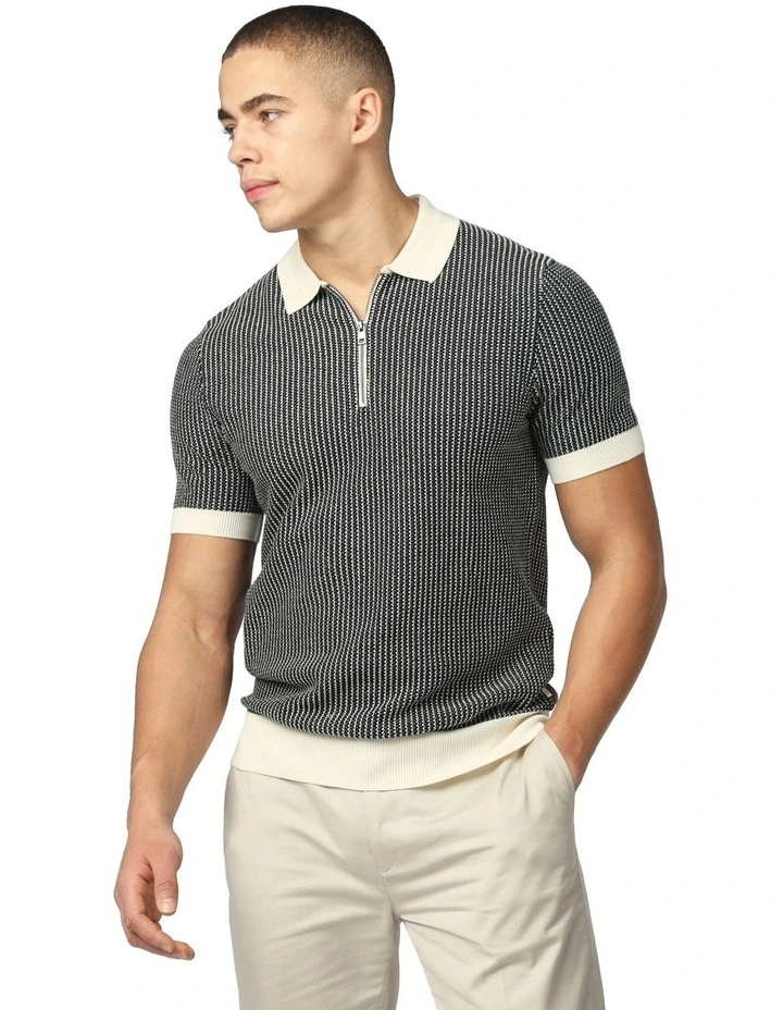 Bicolour Zip Neck Polo in Ivory