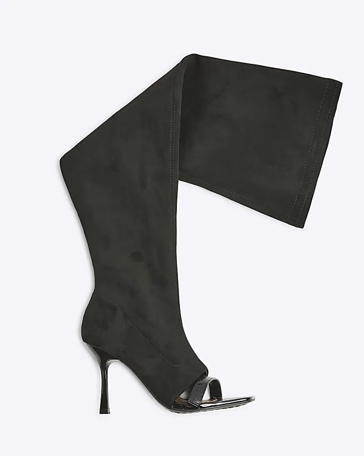 Black over the knee shoe boot heeled sandals