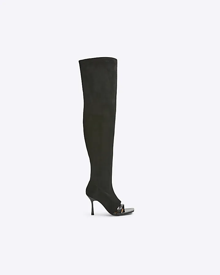 Black over the knee shoe boot heeled sandals