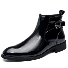 Black patent leather buckle accents side zip shoe boot