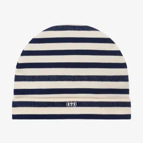 Blue & Ivory Striped Baby Hat