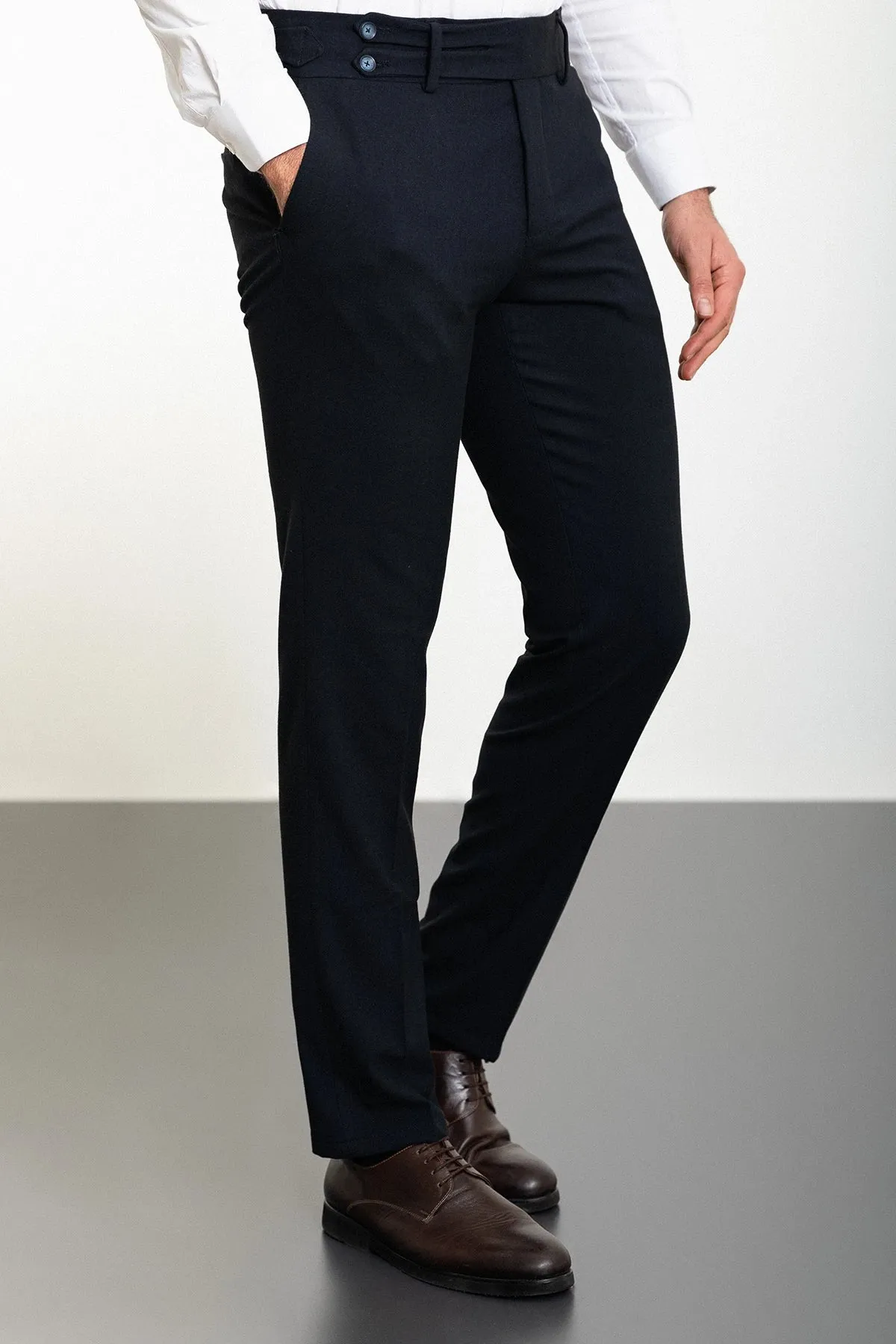 Bojoni Omaha Straight Slim Fit Belt Detailed Buckle Navy Blue Trousers