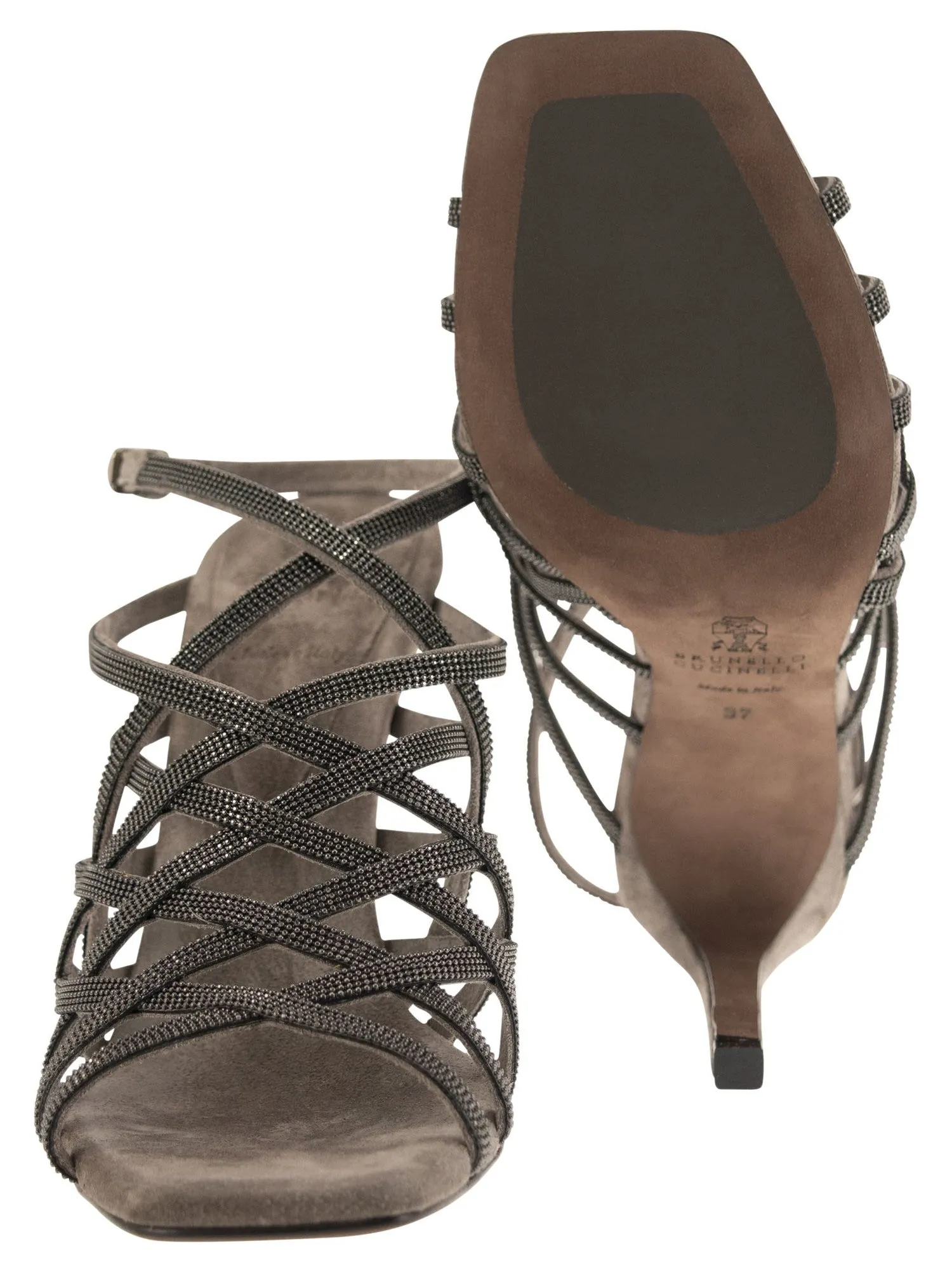 Brunello Cucinelli    Brunello Cucinelli Precious Net Suede High Sandals