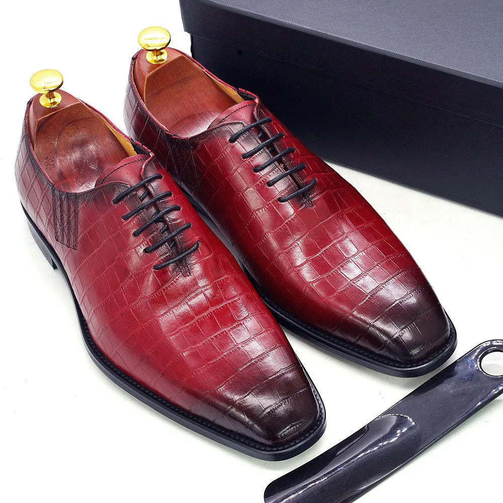 Deep Red - Men's Leather Oxford Dress Shoes (alligator print)