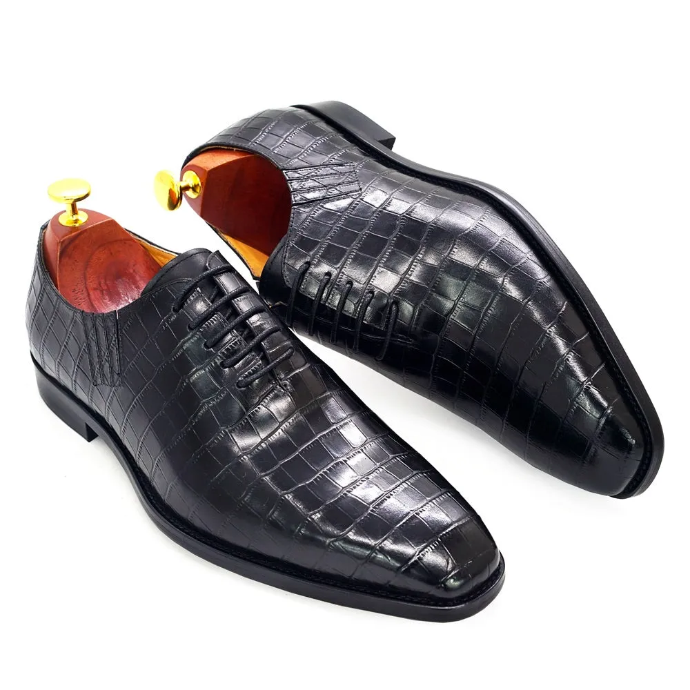 Deep Red - Men's Leather Oxford Dress Shoes (alligator print)