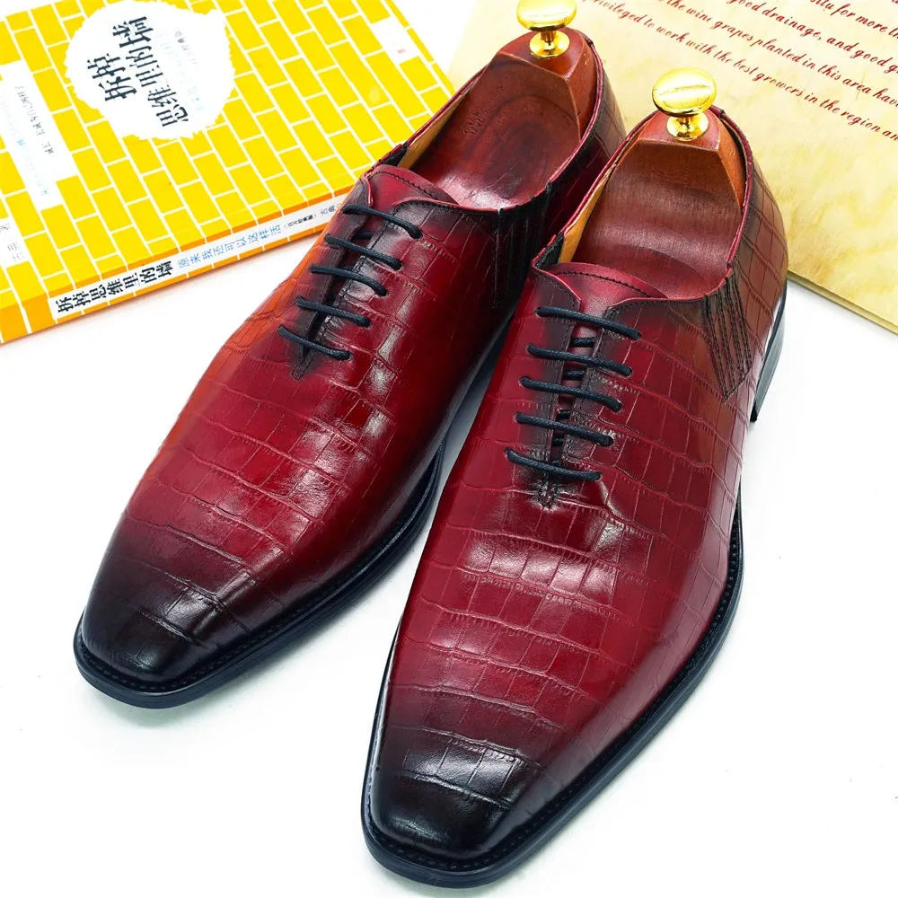 Deep Red - Men's Leather Oxford Dress Shoes (alligator print)