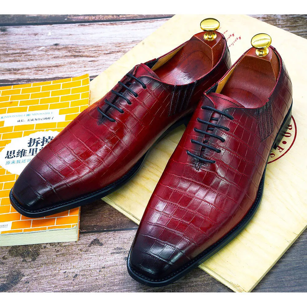 Deep Red - Men's Leather Oxford Dress Shoes (alligator print)