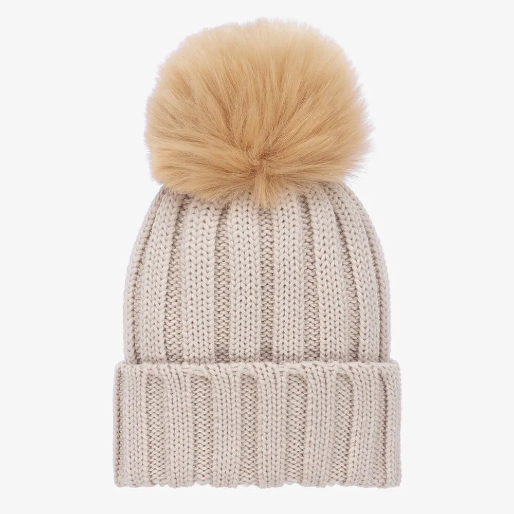 Girls Beige Wool Knitted Pom-Pom Hat