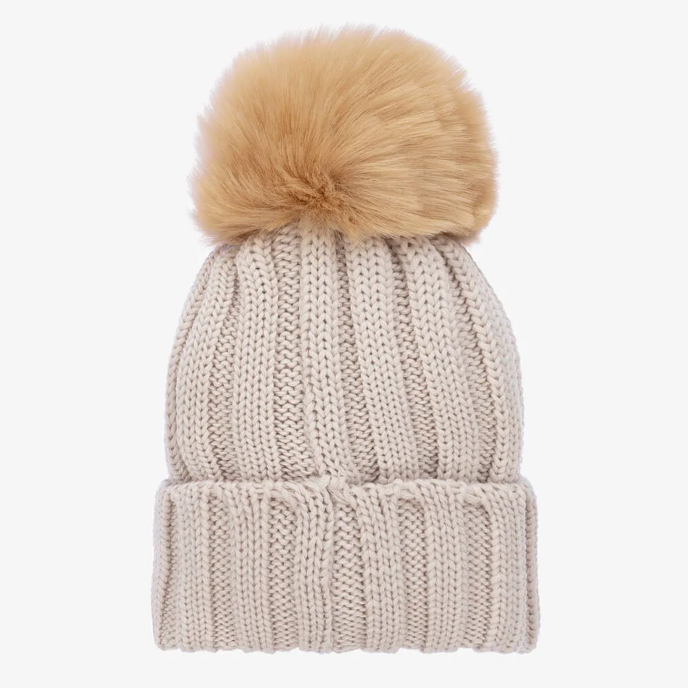 Girls Beige Wool Knitted Pom-Pom Hat