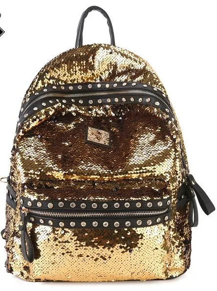 Gold Sequins Glittering Metal Studs Gothic Punk Rock Backpack