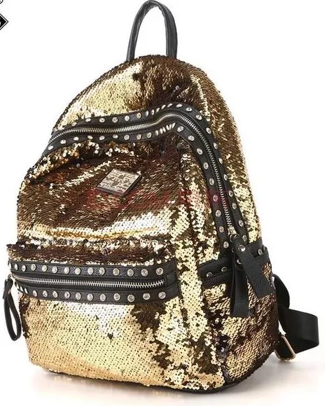 Gold Sequins Glittering Metal Studs Gothic Punk Rock Backpack