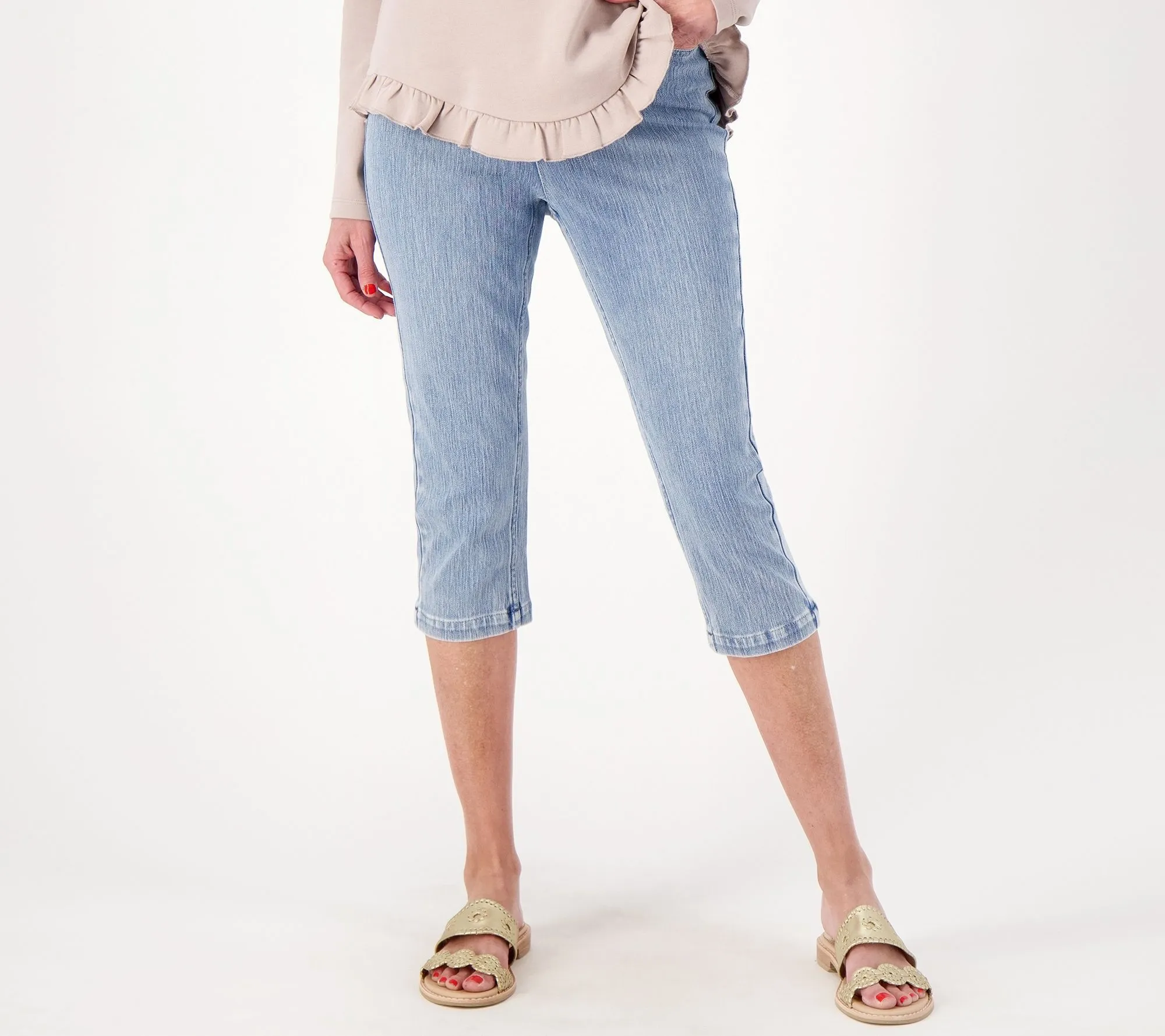 Isaac Mizrahi Live! Petite Knit Denim Pull on Capri Jeans