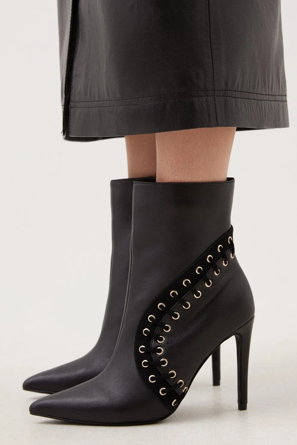 Leather And Suede Eyelet Heeled Boot | Karen Millen