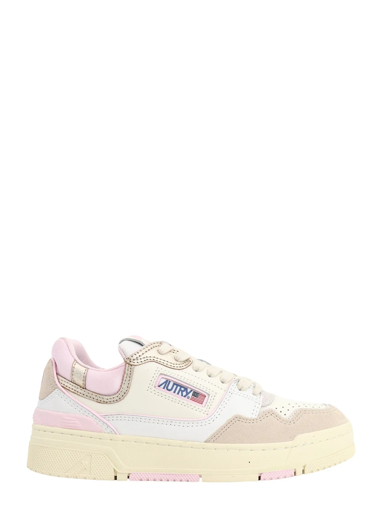 Leather and suede sneakers with pink profiles