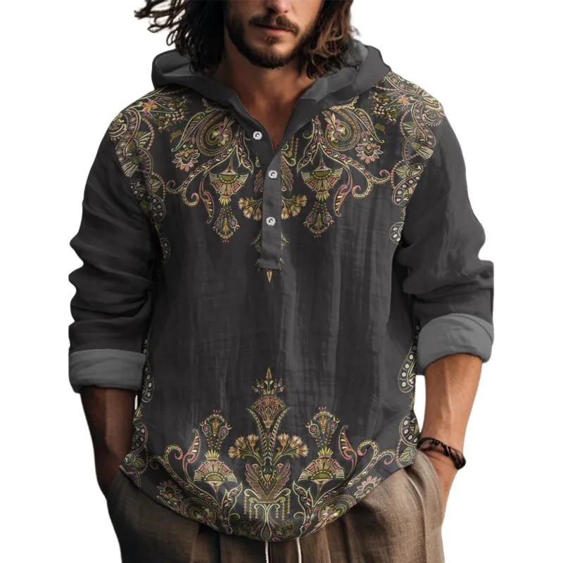 Men's Casual Printed Hooded Long-sleeved Loose Pullover Shirt 83142274M