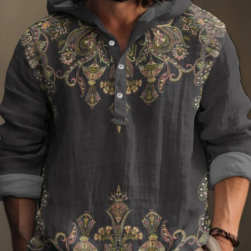 Men's Casual Printed Hooded Long-sleeved Loose Pullover Shirt 83142274M