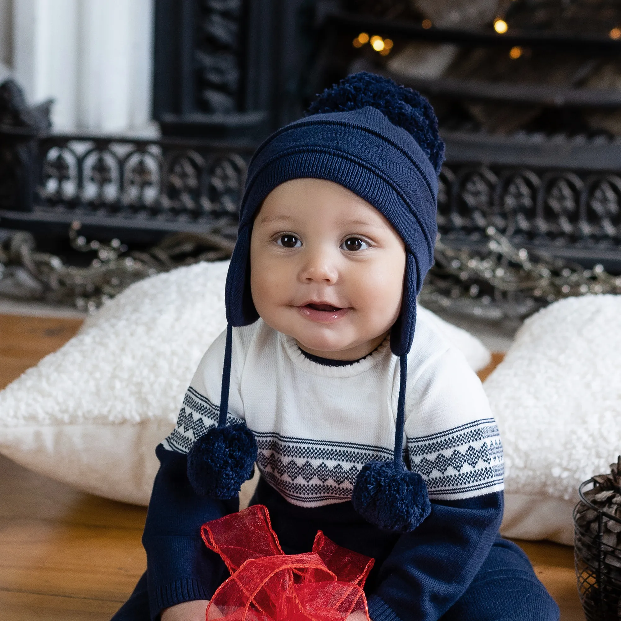 Navy Blue Knitted Pom-Pom Hat