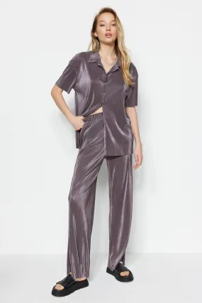 Pleated Wide-Cut Shirt and Trousers Knitted Top and Bottom Set