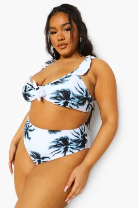 Plus Palm Print Tie Front Bikini