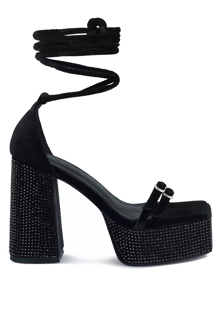 Rag & CO. Black High Platform Diamante Lace Up Sandals