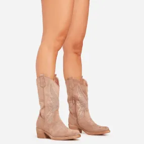 Rambler Diamante Embroidered Detail Mid Calf Western Cowboy Boot In Beige Faux Suede