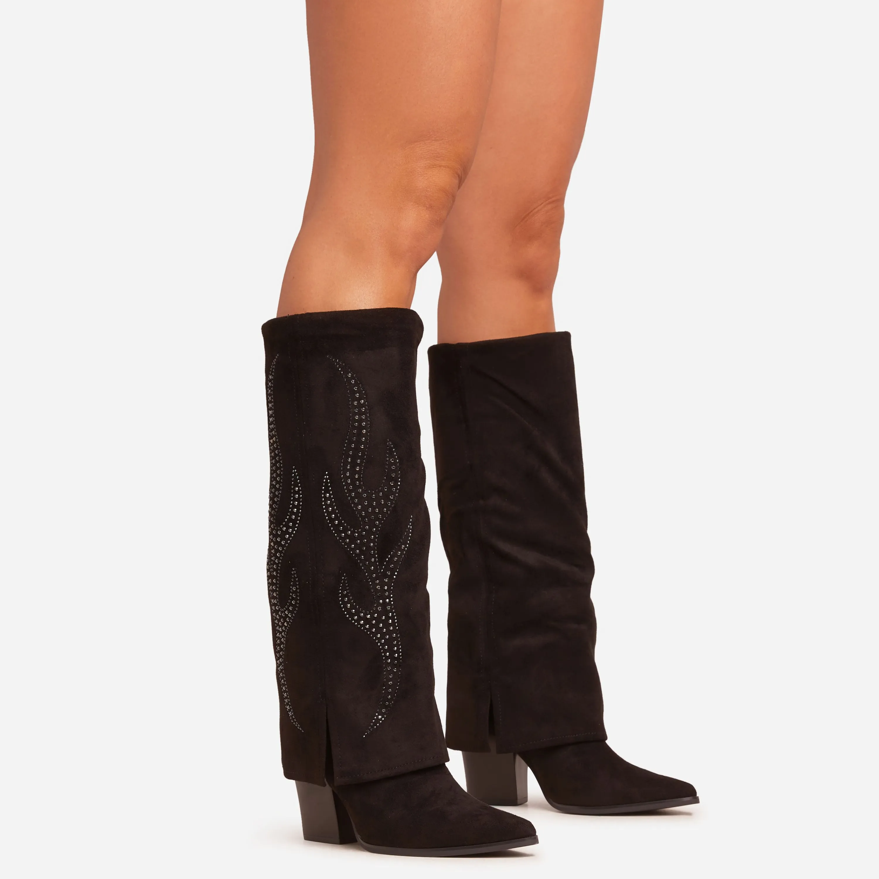 Rowan Diamante Embroidered Detail Pointed Toe Knee High Western Cowboy Boot In Black Faux Suede