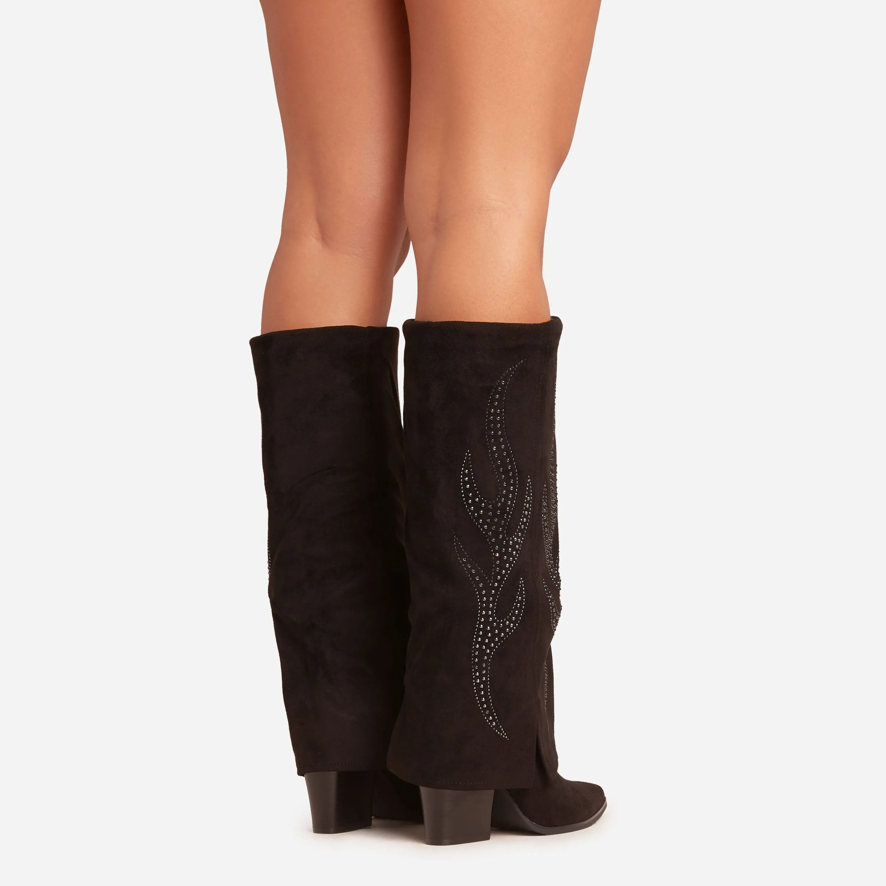 Rowan Diamante Embroidered Detail Pointed Toe Knee High Western Cowboy Boot In Black Faux Suede