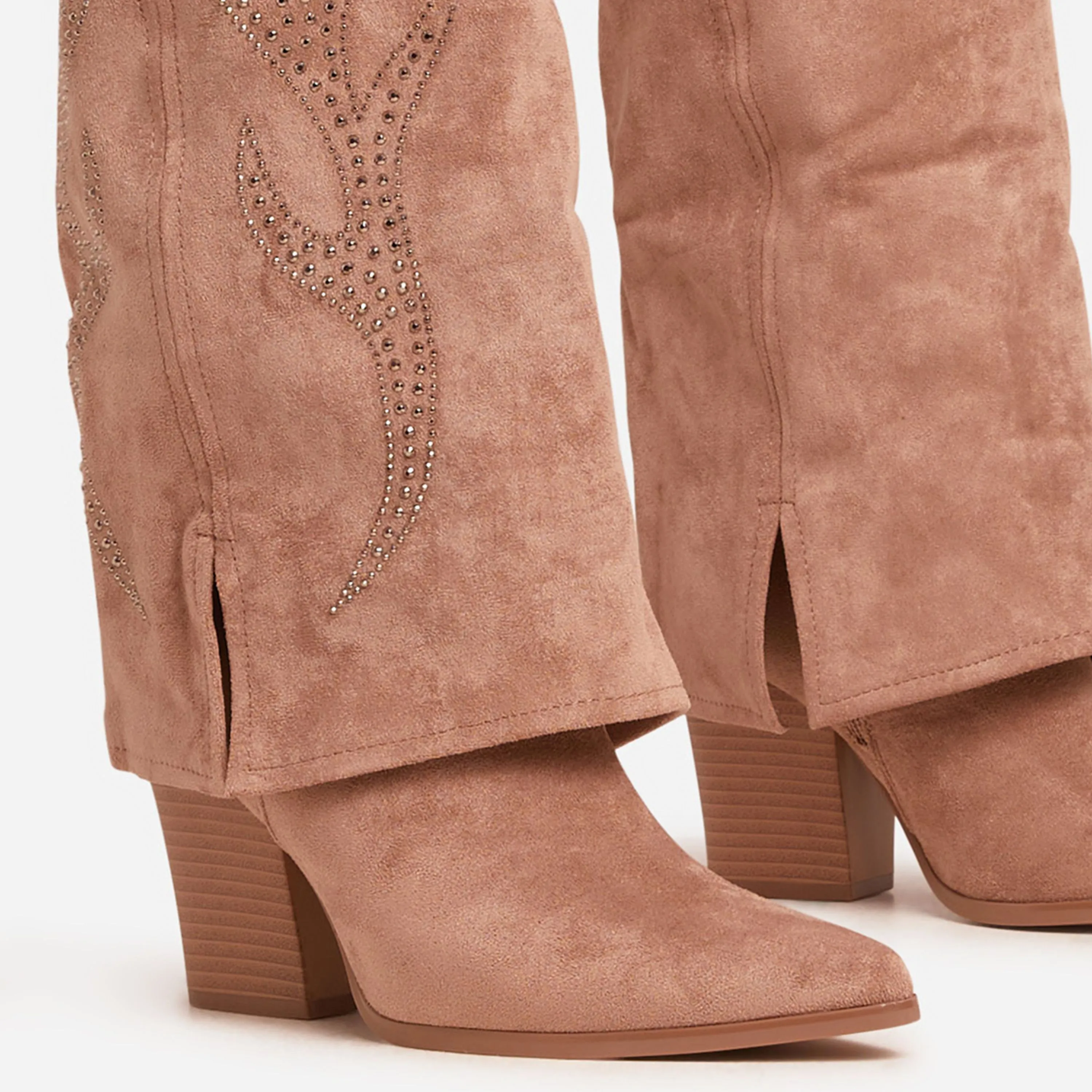 Rowan Diamante Embroidered Detail Pointed Toe Knee High Western Cowboy Boot In Taupe Faux Suede