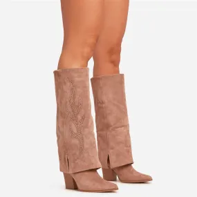 Rowan Diamante Embroidered Detail Pointed Toe Knee High Western Cowboy Boot In Taupe Faux Suede