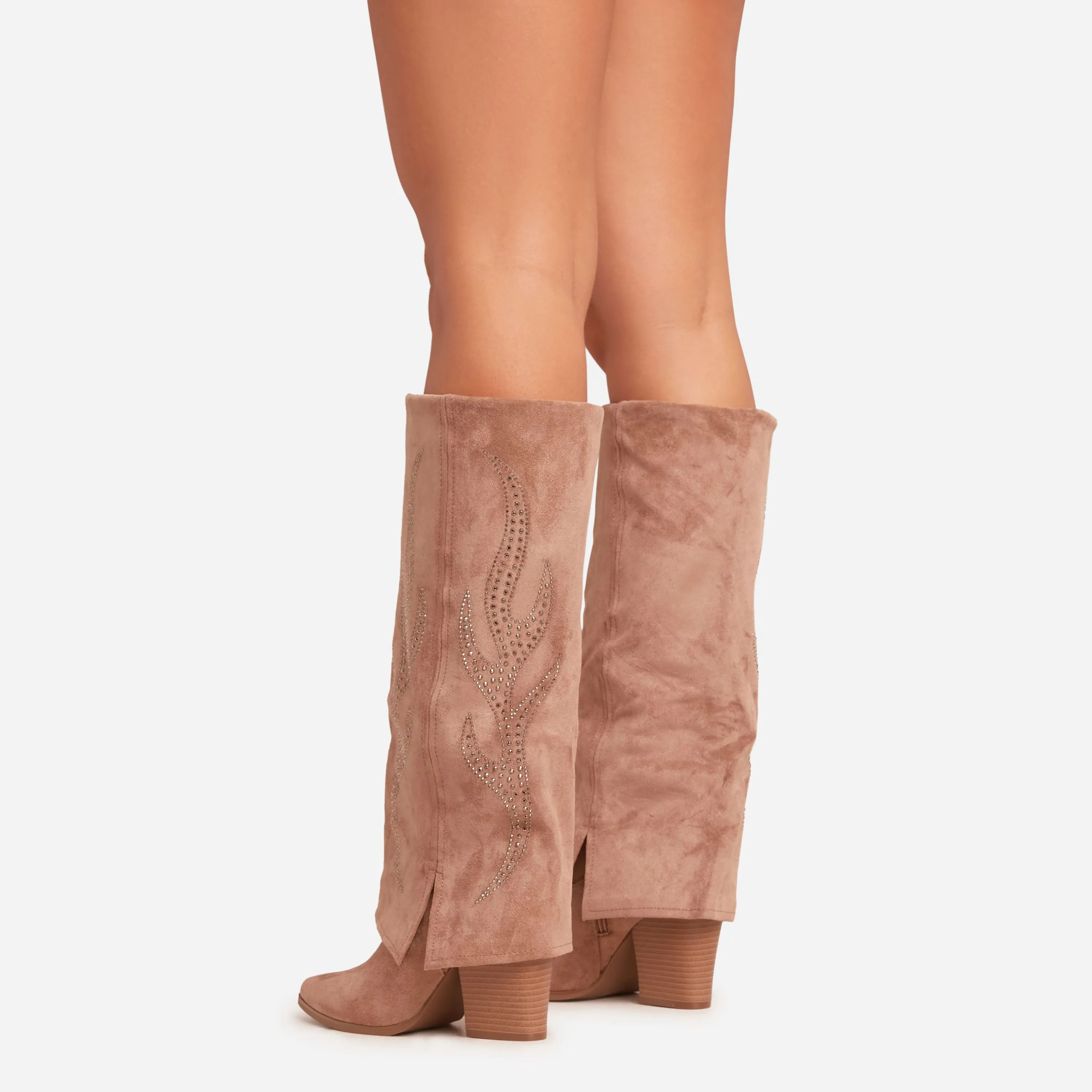 Rowan Diamante Embroidered Detail Pointed Toe Knee High Western Cowboy Boot In Taupe Faux Suede