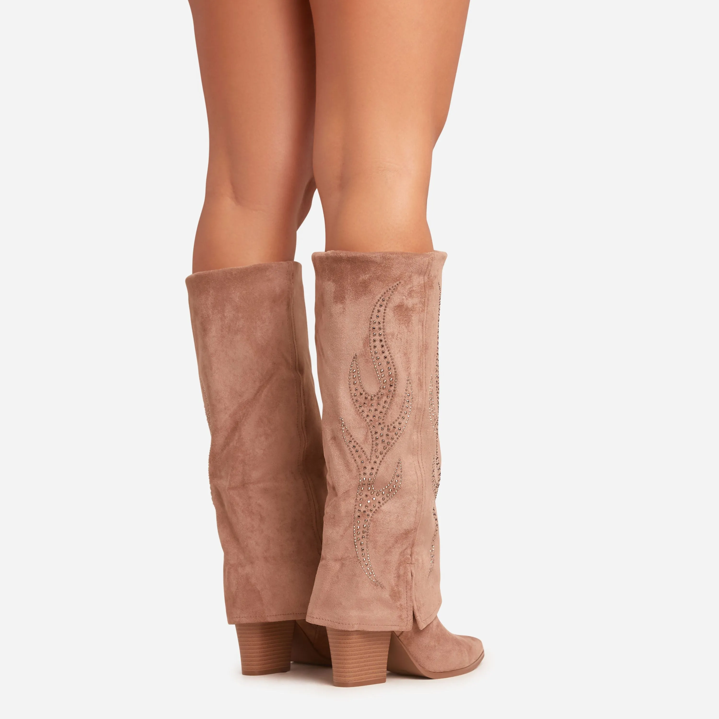 Rowan Diamante Embroidered Detail Pointed Toe Knee High Western Cowboy Boot In Taupe Faux Suede