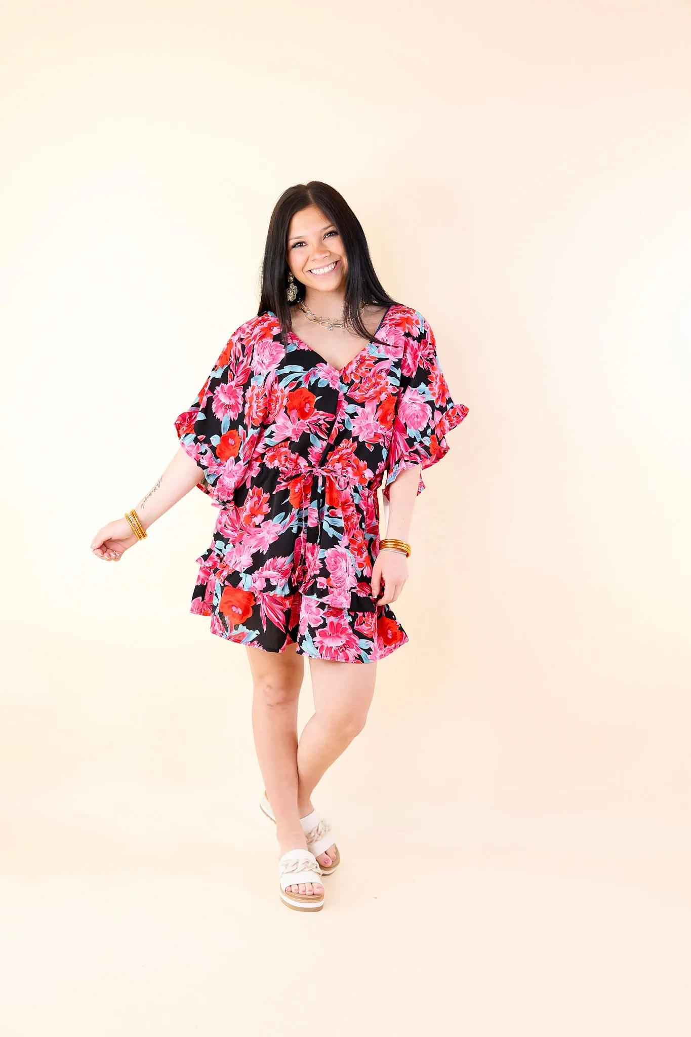 Sending Good Luck Floral Print Drawstring Romper in Black