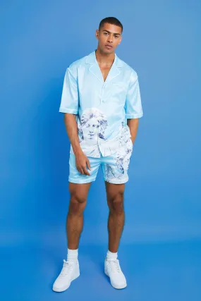 Short Sleeve Revere Angel Satin Short Set | boohooMAN UK