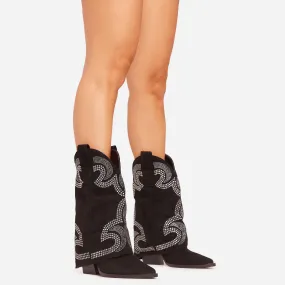 Storm Embroidered Flared Detail Pointed Toe Western Cowboy Boot In Black Faux Suede