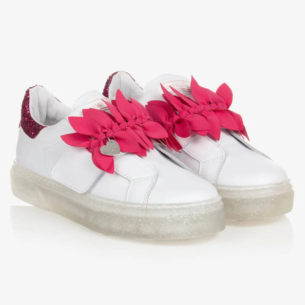 Teen Girls White Leather & Pink Trainers