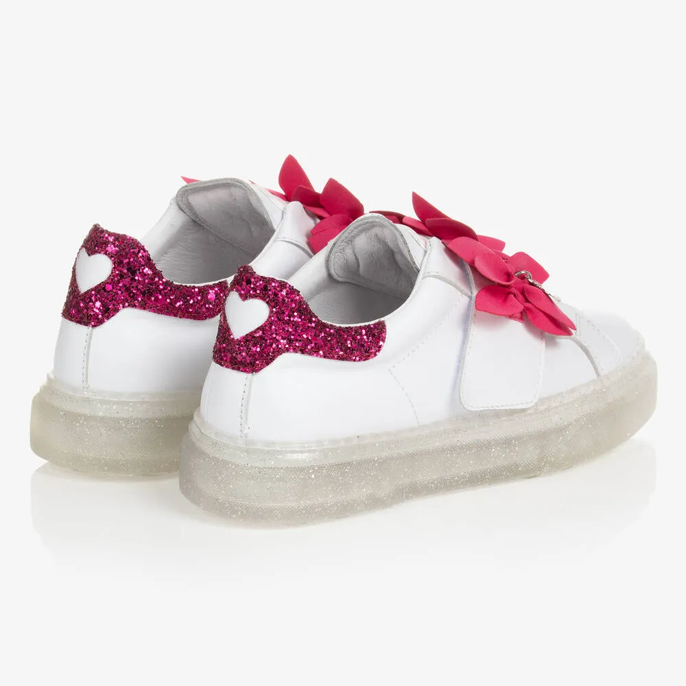 Teen Girls White Leather & Pink Trainers