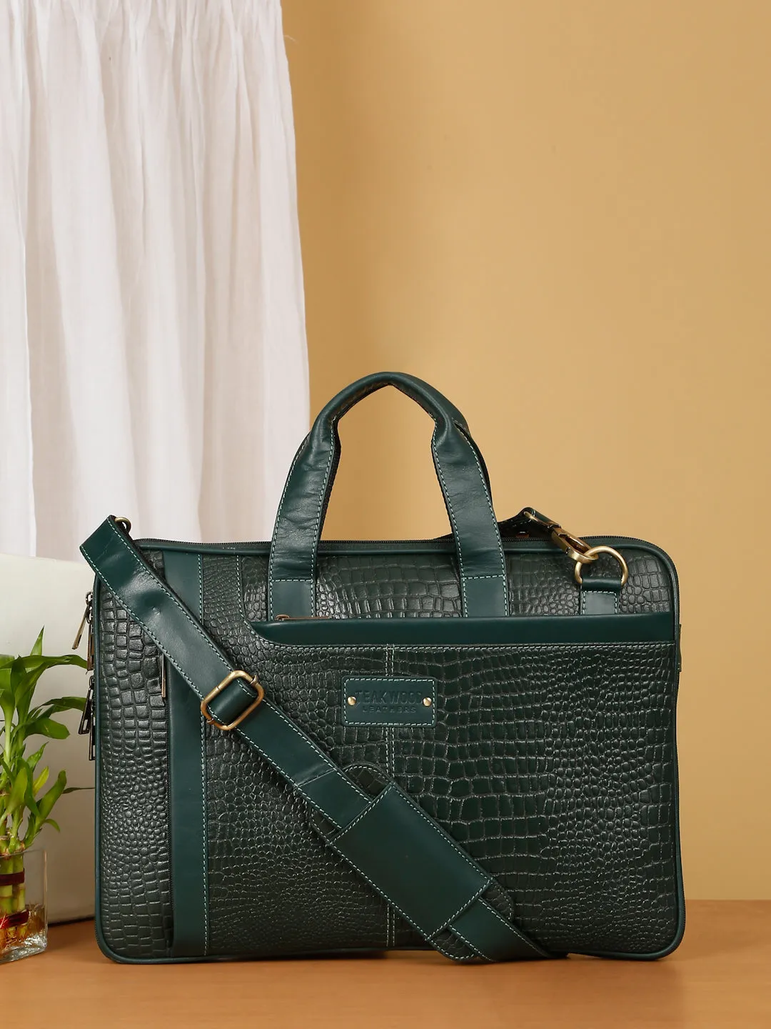 Unisex Green Croco Leather Laptop Bag