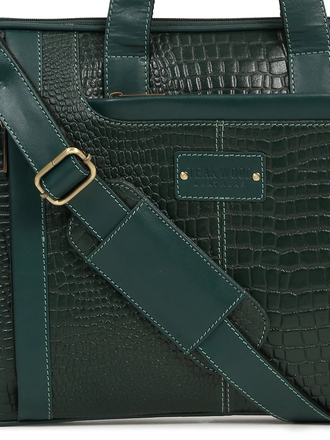 Unisex Green Croco Leather Laptop Bag