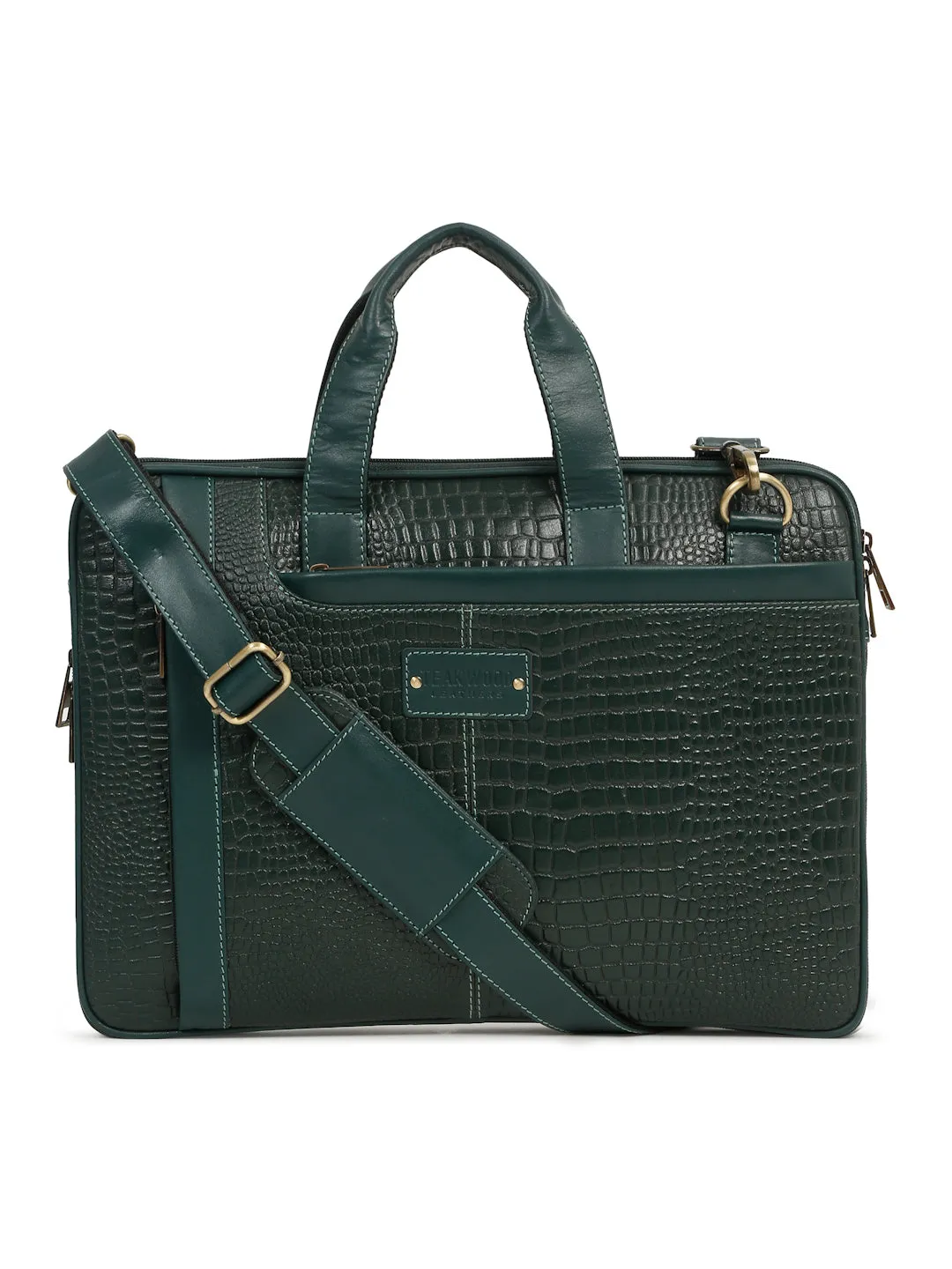 Unisex Green Croco Leather Laptop Bag