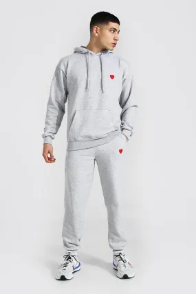 Valentines Heart Embroidered Hooded Tracksuit | boohooMAN UK