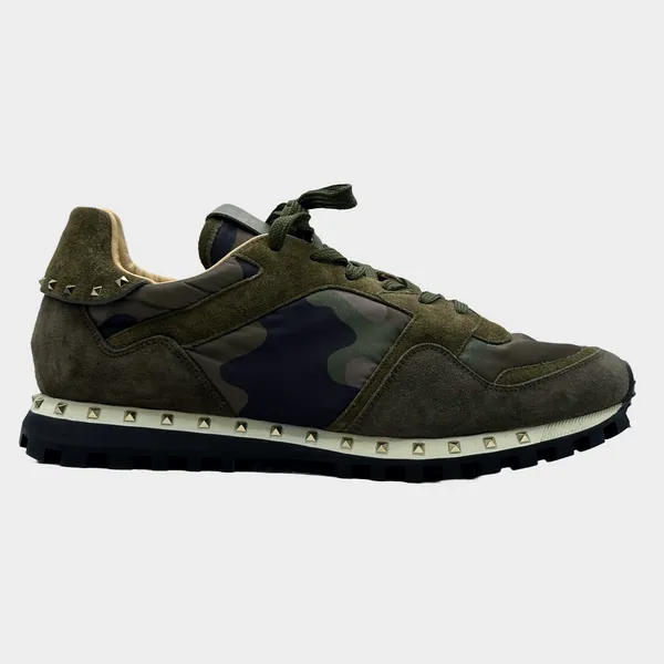 Valentino men's black and green camouflage nylon/suede Rockrunner sneakers