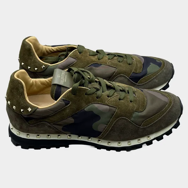 Valentino men's black and green camouflage nylon/suede Rockrunner sneakers