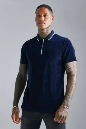 Velour Tipped Collar Polo | boohooMAN UK