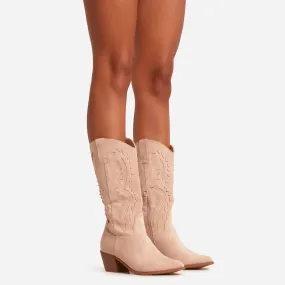 Victor Embroidered Detail Pointed Toe Mid Calf Western Cowboy Boot In Beige Faux Suede