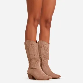 Victor Embroidered Detail Pointed Toe Mid Calf Western Cowboy Boot In Khaki Faux Suede