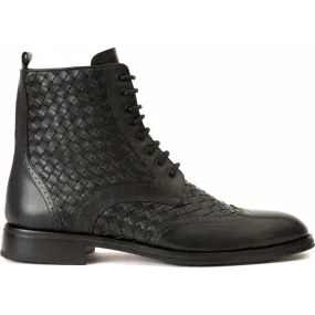 Vinci Leather The Loddon Black Leather Wingtip Brogue Handwoven Lace-up Boot With A Zipper (14553)